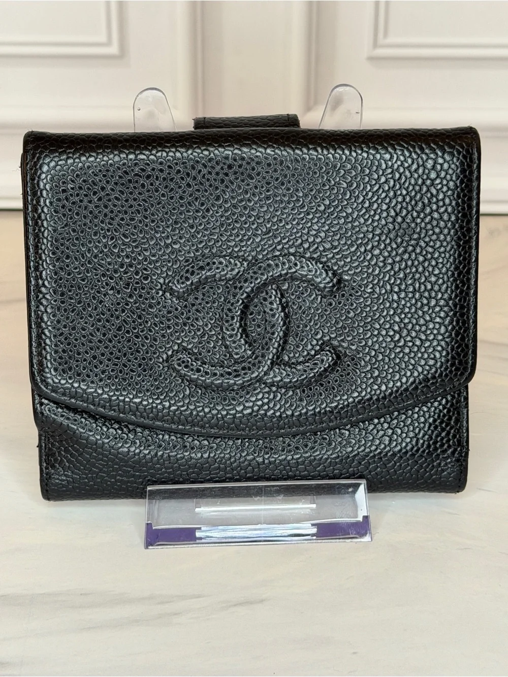 CHANEL Cambon Ligne Black Caviar Leather Snap Bifold Wallet With Dust Bag